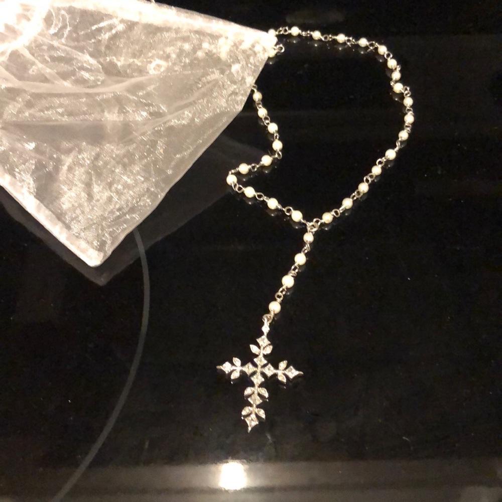 Diamond and pearl cross necklace